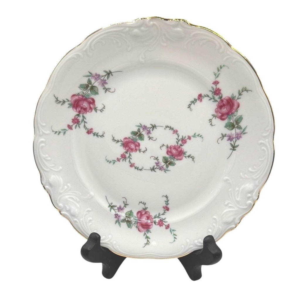 Wavel Poland China Salad Plate Pink Roses Gold Trim Scalloped Embossed 7.25 Inch